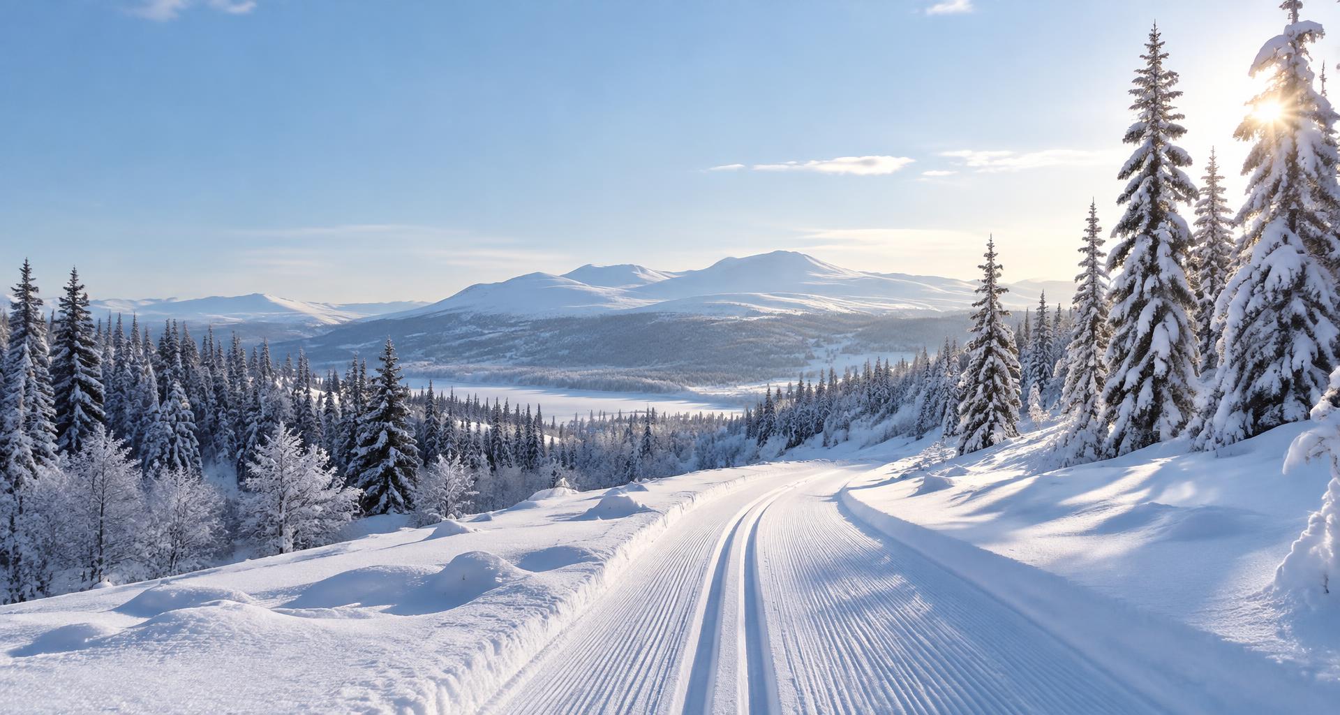 Längdskidspår genom ett snötäckt nordiskt vinterlandskap